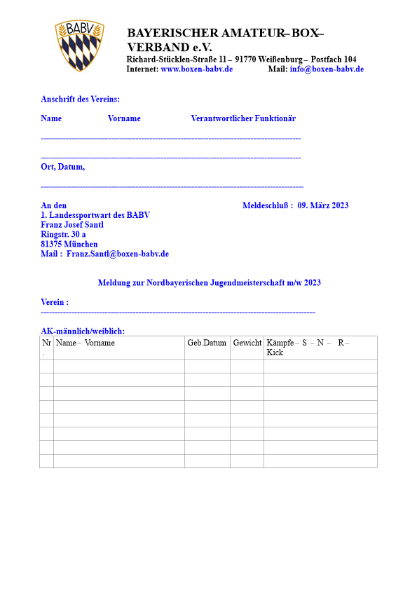 Anmeldung zur Nordbayerischen Jugendmeisterschaft 2023