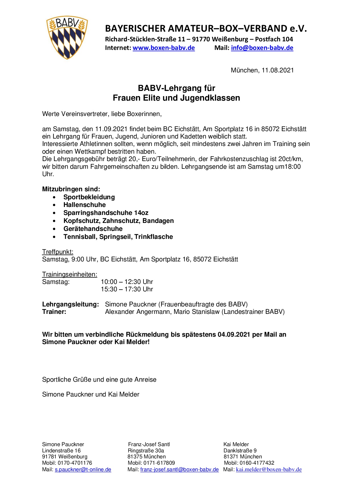 Ausschreibung BABV Lehrgang Frauen 11.09.211