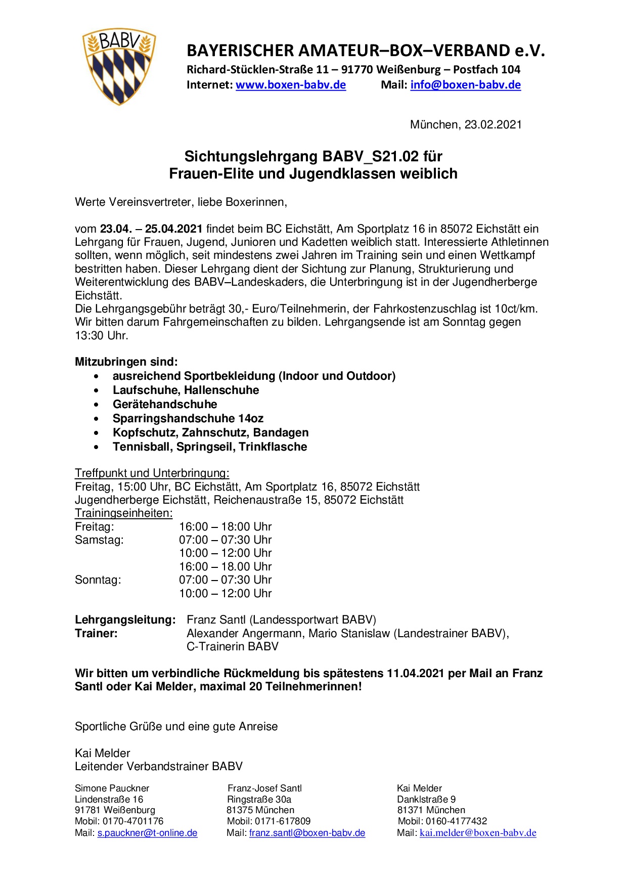 Ausschreibung Sichtungslehrgang Frauen BABV S21.02