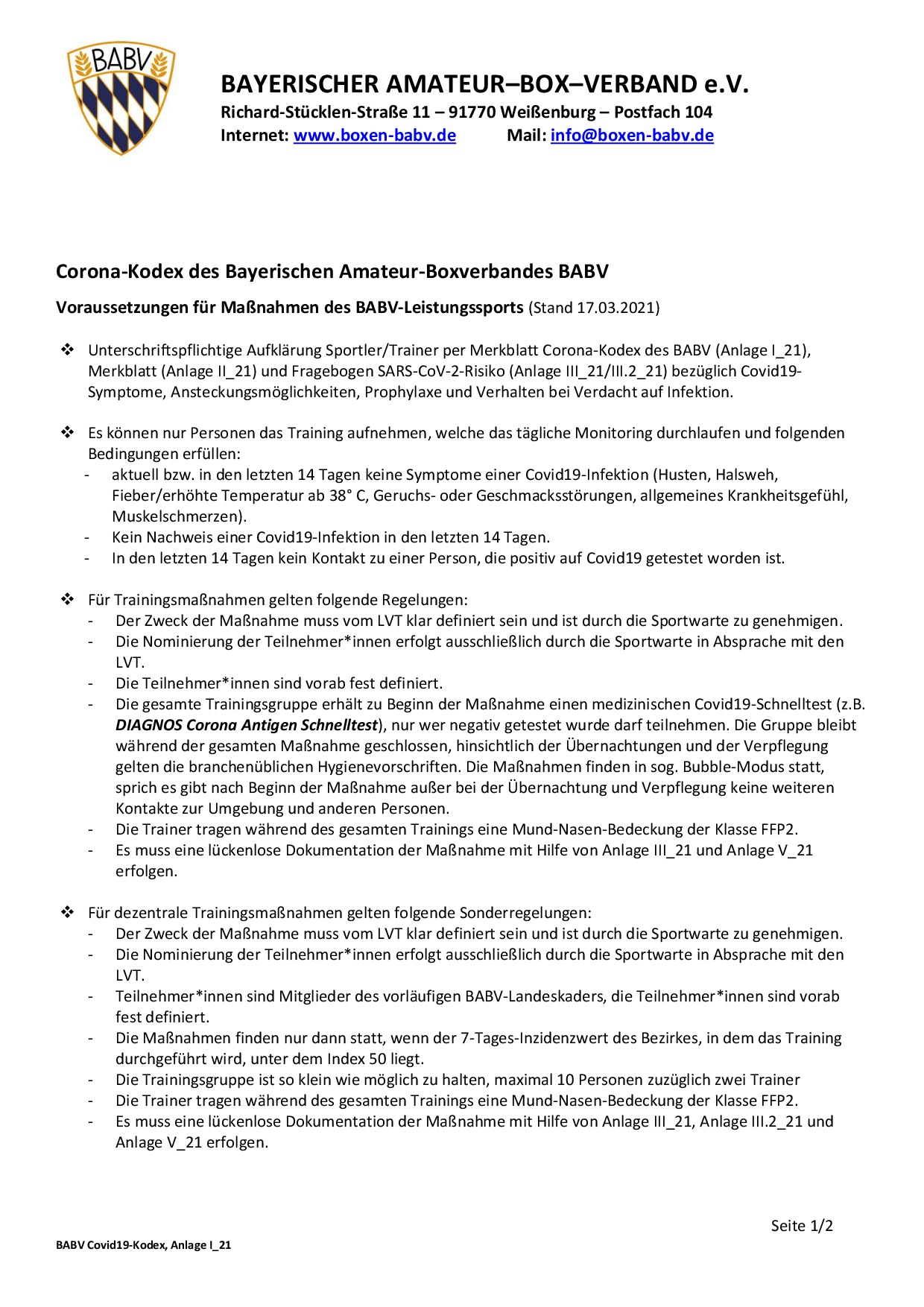 Kader Covid Kodex Anlage I 21 001